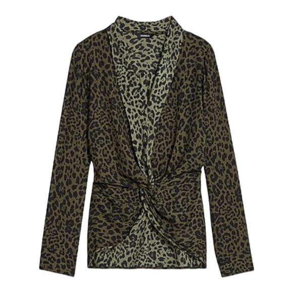 Express Women Size XS Blouse Green Black Animal Print Twist Front Long Sleeve - Picture 4 of 14